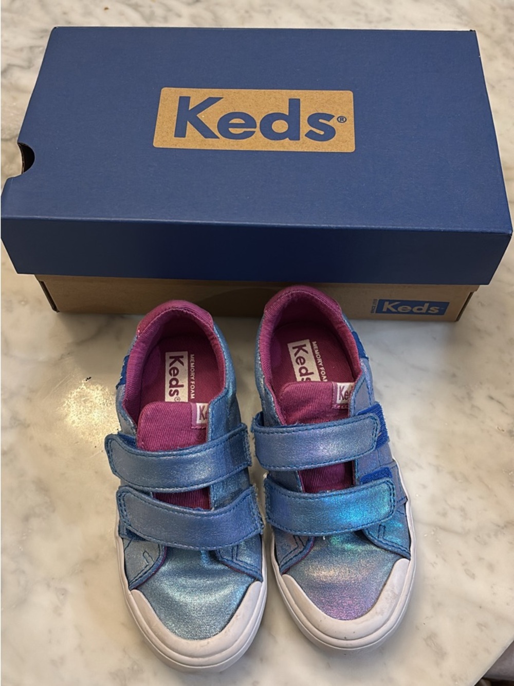 Keds Kids Iridescent Blue Velcro Sneakers with Pink Lining